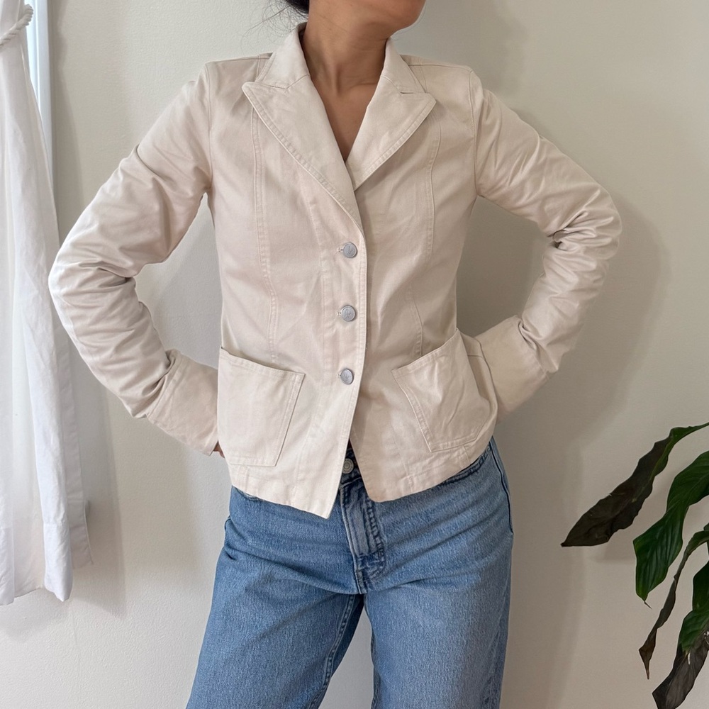 Agnes B Paris 100% Cotton Denim Button Up Cream Short Blazer Jacket Size 38